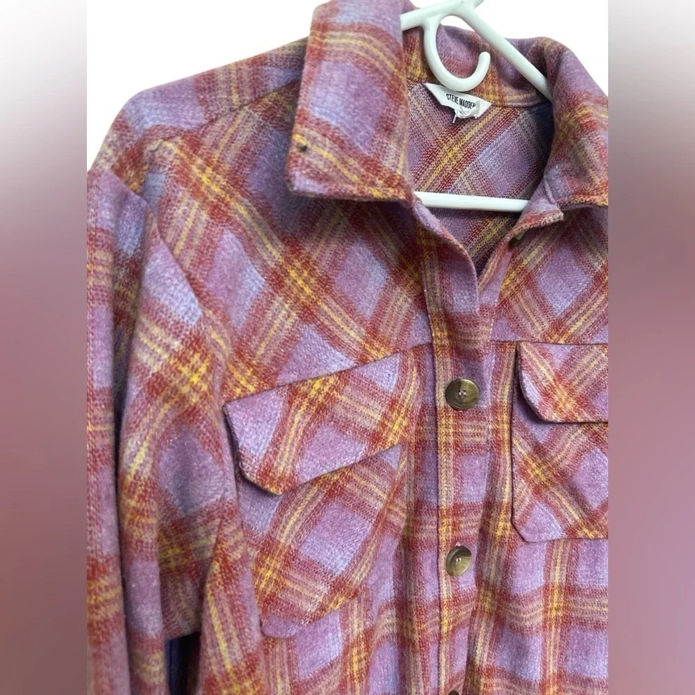 STEVE MADDEN Flannel Shacket Womens Long Sleeve Pocket Shirt Jacket Pink